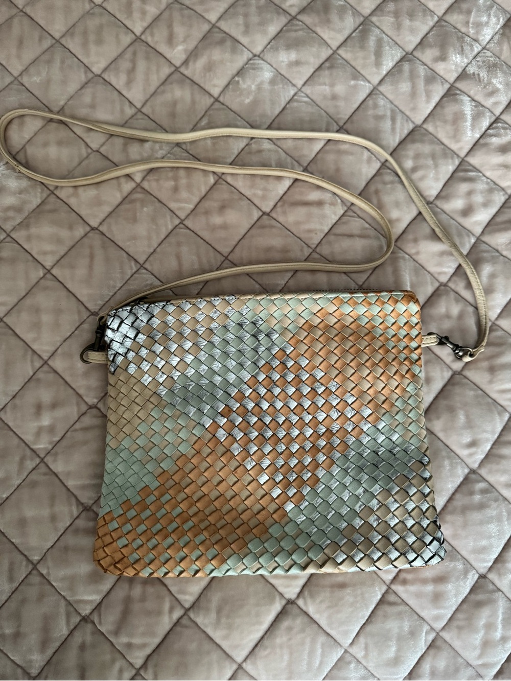 Claramonte Leather Woven Crossbody Bag in Metallic Tan & Silver